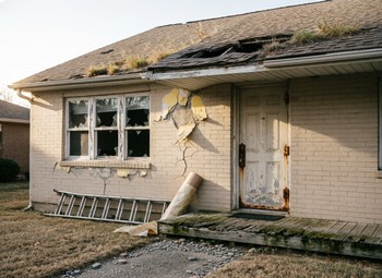 A house in disrepair, featuring a missing roof and a broken window, requiring extensive renovations with a 203k loan.  