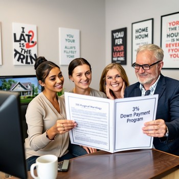 Three home buyers reviewing a 3% down payment brochure together.