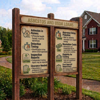 A house with a sign advertising asbestos removal and USDA loan options for potential buyers.