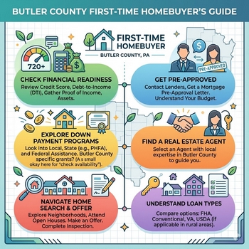 Guide for first-time homebuyers in Butler County, featuring down payment and closing cost assistance info.  