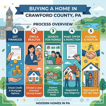 Step-by-step guide for buying a home in Crawford County, PA, featuring local tips and resources.  