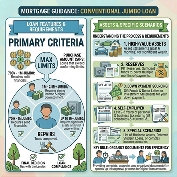Guidance on conventional and jumbo mortgage loans for homebuyers seeking financing options.  