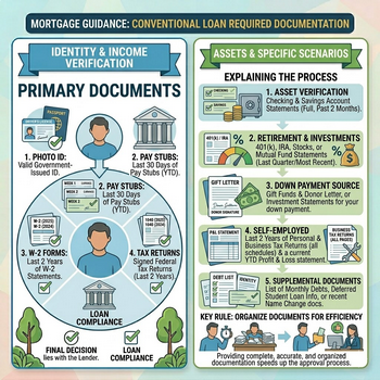 Poster detailing required documentation for obtaining a conventional mortgage loan.