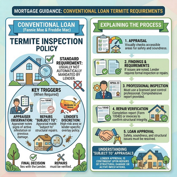 Mortgage inspection policy overview focusing on conventional loan termite requirements for homebuyers.  