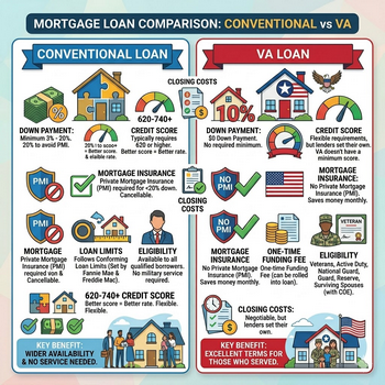 Comparison chart showing differences between Conventional Loans and VA Loans for mortgage options.  