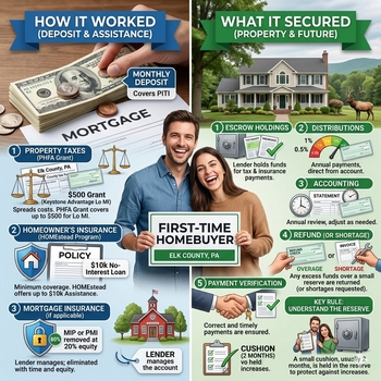 Poster promoting Elk County First Time Homebuyer Programs with the text "First Time Home Buyer" prominently displayed.