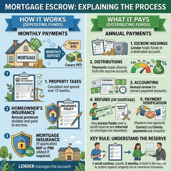 Visual guide explaining mortgage escrow, detailing how funds are managed during the home buying process.