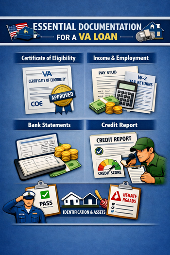 A visual guide showing the key documents required for a VA loan application, like pay stubs and discharge papers