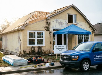 A blue van parked in front of a storm-damaged house, highlighting the need for FHA 203h disaster loan assistance.  