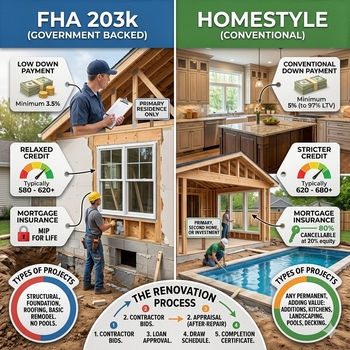 Comparison of FHA 203k and Homestyle loans, highlighting key differences in home financing options.  