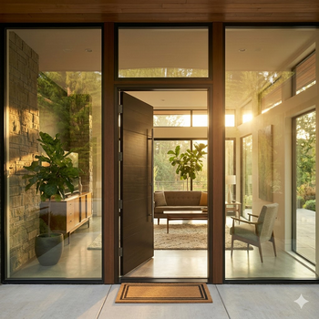 A modern home featuring large glass doors and a stylish patio, perfect for outdoor relaxation and entertaining.
