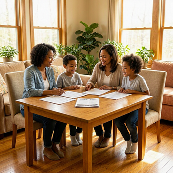 A family gathered around a table, reviewing papers about FHA loans versus conventional loans. 