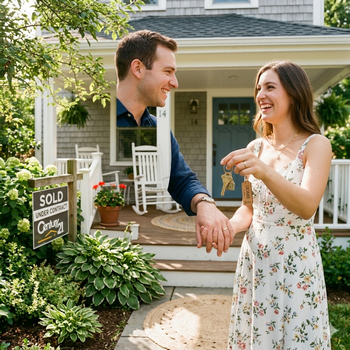 A happy couple holds keys in front of their new home, celebrating their first-time homebuyer journey with FHA loans.  