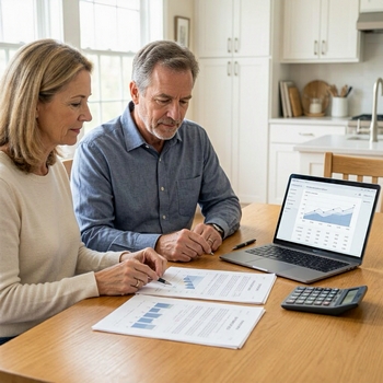 Couple reviewing financial documents related to the FHA Rate-Term Refinance Program at a table.  