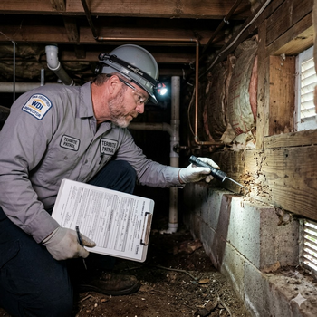 A man in a hard hat holds a clipboard, ready to conduct a termite inspection for FHA requirements. 