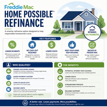 Freddie Mac Home Possible Refinance logo with a house icon, symbolizing affordable refinancing options for homeowners.  