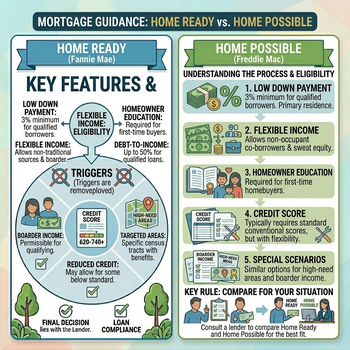 Poster comparing "Home Ready" and "Home Possible" mortgage guarantee options with bold text.  