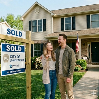 A happy couple stands proudly in front of a sold sign, celebrating their new home through the Johnstown First-Time Homebuyer Program.  