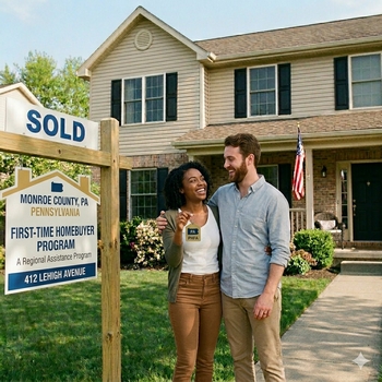 A happy couple stands proudly in front of their new home, celebrating their success with the Monroe County First-Time Homebuyer Program.  