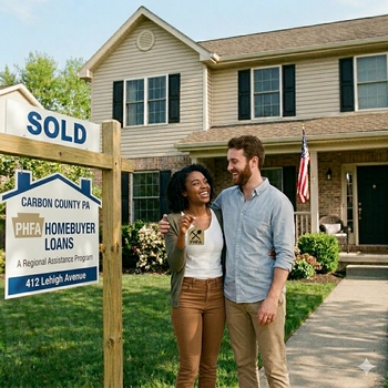 A happy couple stands proudly in front of their new home, celebrating their PHFA Homebuyer Loan in Carbon County, PA.  