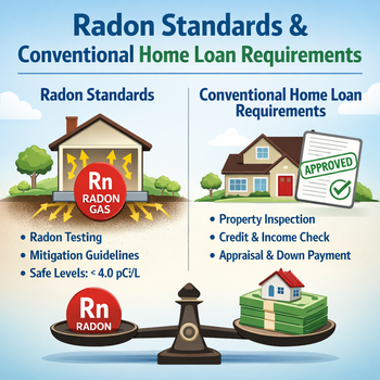 Infographic on radon standards and requirements for conventional home loans, highlighting safety and compliance measures.  