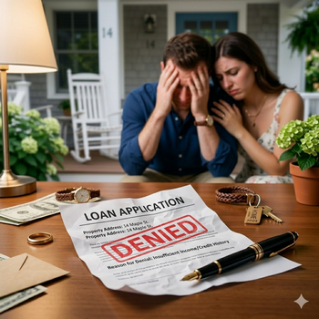 Image of a denied loan application with a checklist highlighting common reasons for FHA loan denials.  