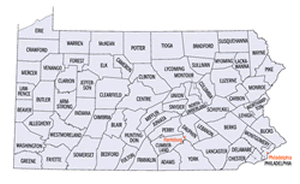 Pennsylvania map displaying the various counties and their borders.  