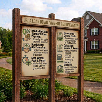 Sign displaying USDA loan down payment requirements for homebuyers. 
