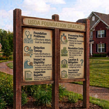 Sign in front of a house reads "USDA Foundation" related to cracks and structural integrity standards. 