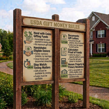 A sign in front of a house reads "USA Gift Money Rules," indicating guidelines for financial gifts. 