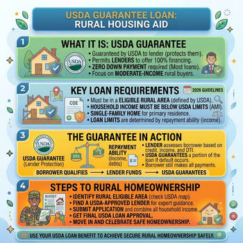 Poster detailing USDA Guarantee Loan benefits and eligibility requirements for potential homebuyers. 
