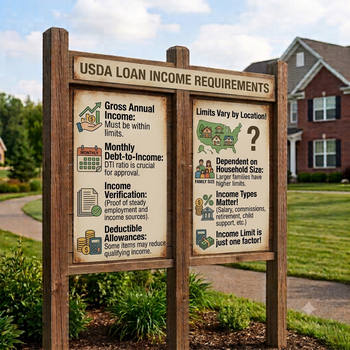 A sign in front of a house displaying "USA Loan Income Requirements" for potential homebuyers. 