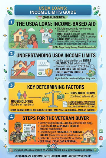 Infographic on USDA loan income limits, outlining maximum income levels for different household sizes.