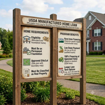 A sign displaying "USA Manufactured Home Loan" in bold letters against a simple background. 