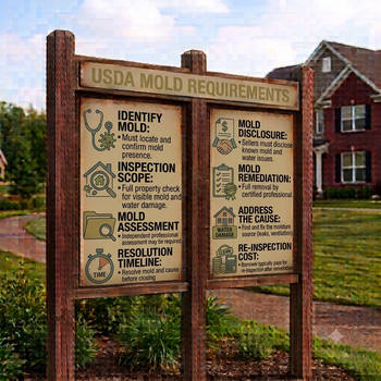 A sign displaying "USA Mold Requirements" highlighting mold inspection standards