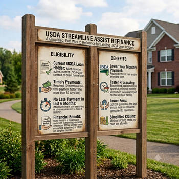 A sign displaying "USA Streamline Assist Refinance" for mortgage assistance information. 