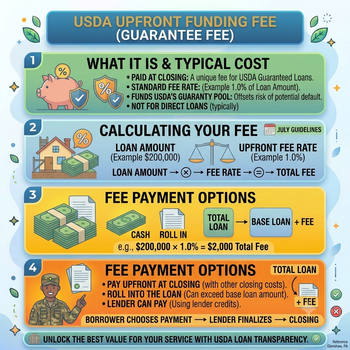 Infographic detailing USDA loan funding fees based on different loan scenarios.