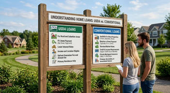 A couple stands by a lawn care sign, comparing USDA loans with conventional loan options for their home.