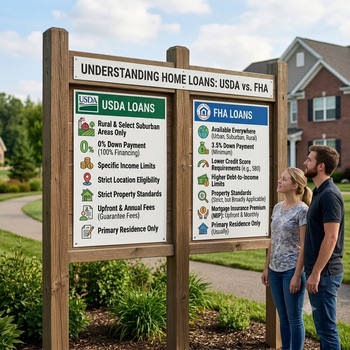 A couple next to a sign that says "understanding house change," exploring differences between USDA and FHA loans.