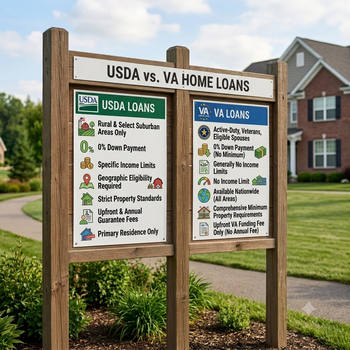 A sign comparing USDA and VA home loans, featuring "USA vs VA Home Loans" in bold letters. 