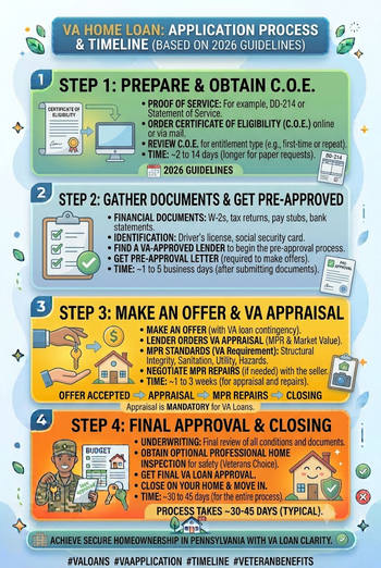 Infographic detailing the VA loan application process and timeline, designed for veterans looking to secure a loan.