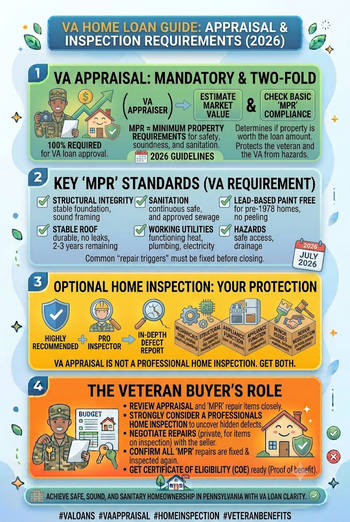 Overview of VA home loan appraisal and inspection requirements for buyers and sellers. 