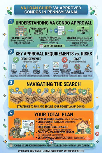 Informative poster listing VA-approved condominiums in Pennsylvania, highlighting features and benefits for veterans.