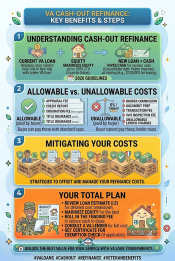 Infographic outlining the main steps of VA cash-out refinancing, featuring arrows and simple graphics for clarity.