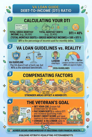 Infographic explaining VA loan debt-to-income ratios and their impact on borrowing capacity.
