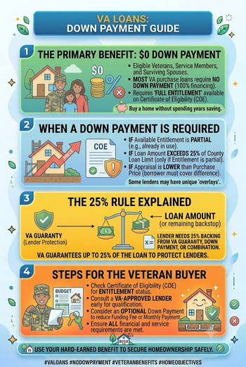 Infographic about VA loans highlighting the benefits of no down payment.