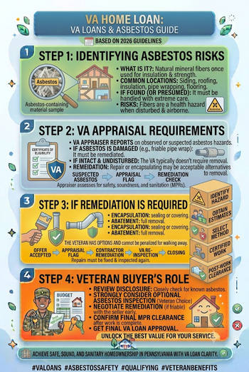 Poster detailing the VA loan process, highlighting key steps and asbestos safety tips for homeowners. 
