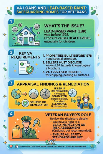 A graphic showing VA loans with a warning about lead-based paint hazards in homes. 