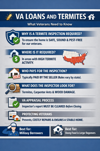 An image combining VA loans and a termite, symbolizing the importance of pest control in homeownership.