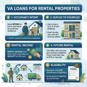 A graphic showing VA loans benefits for purchasing rental properties, with icons of houses and dollar signs. 